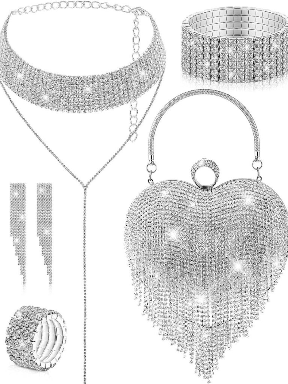 5 Pcs Heart Shape Rhinestone Clutch Purse Set with Tassel for Valentine's Day